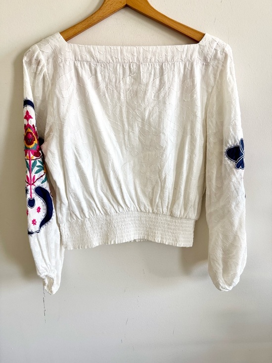 Anthropologie boho floral Embroidered Puff-Sleeve white Blouse top size S - Picture 6 of 8
